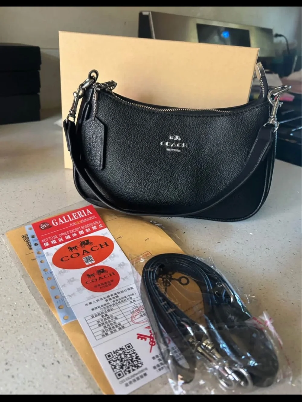 Coach Black Pebbled Leather Crescent Shoulder Bag with Removable Strap